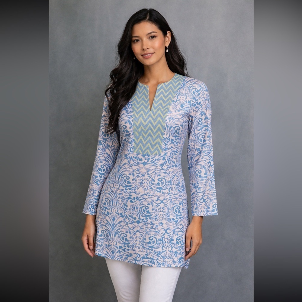 J. McLaughlin White & Blue Cotton Tunic size XS - Picture 1 of 8